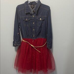 Lilt Blue and Red Jean dress  with Tulle Accents